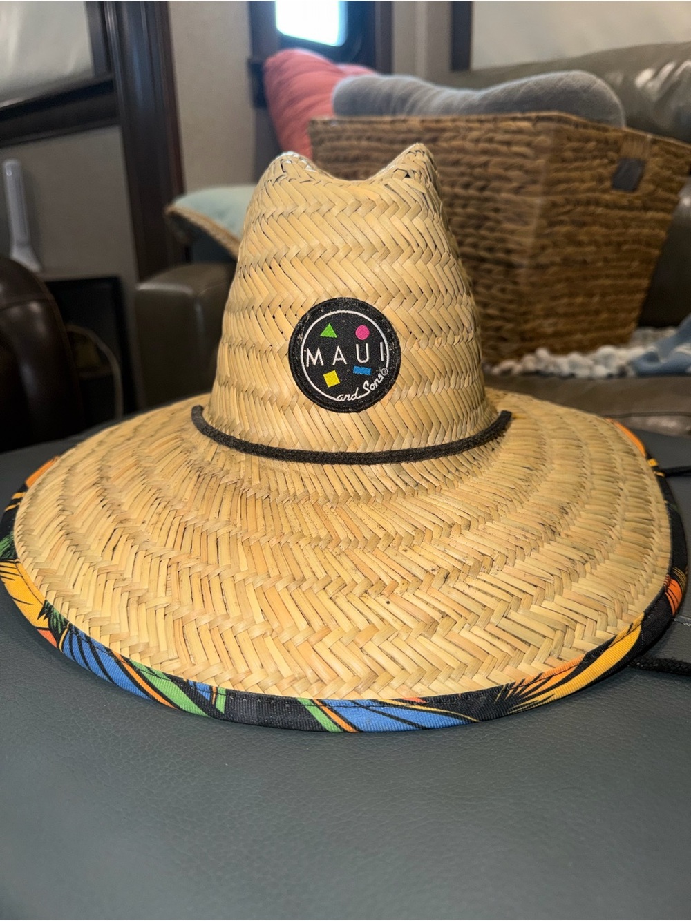 Maui and Sons Natural Straw Hat with Black Logo and Multicolor Trim